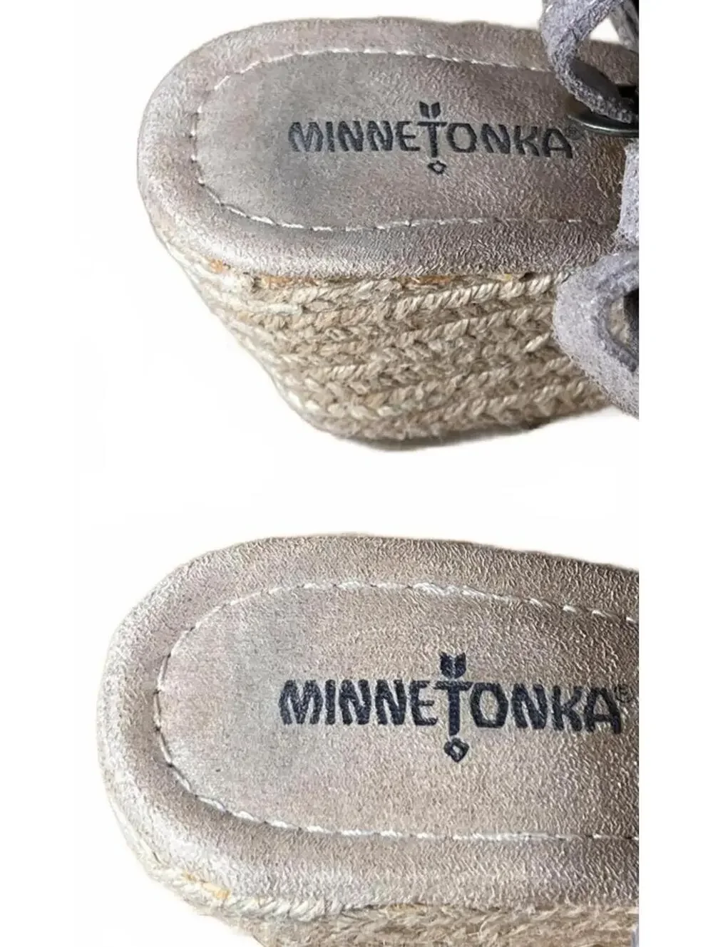 Women's Minnetonka Grey Suede Fringe Wedge Sandals Size 8